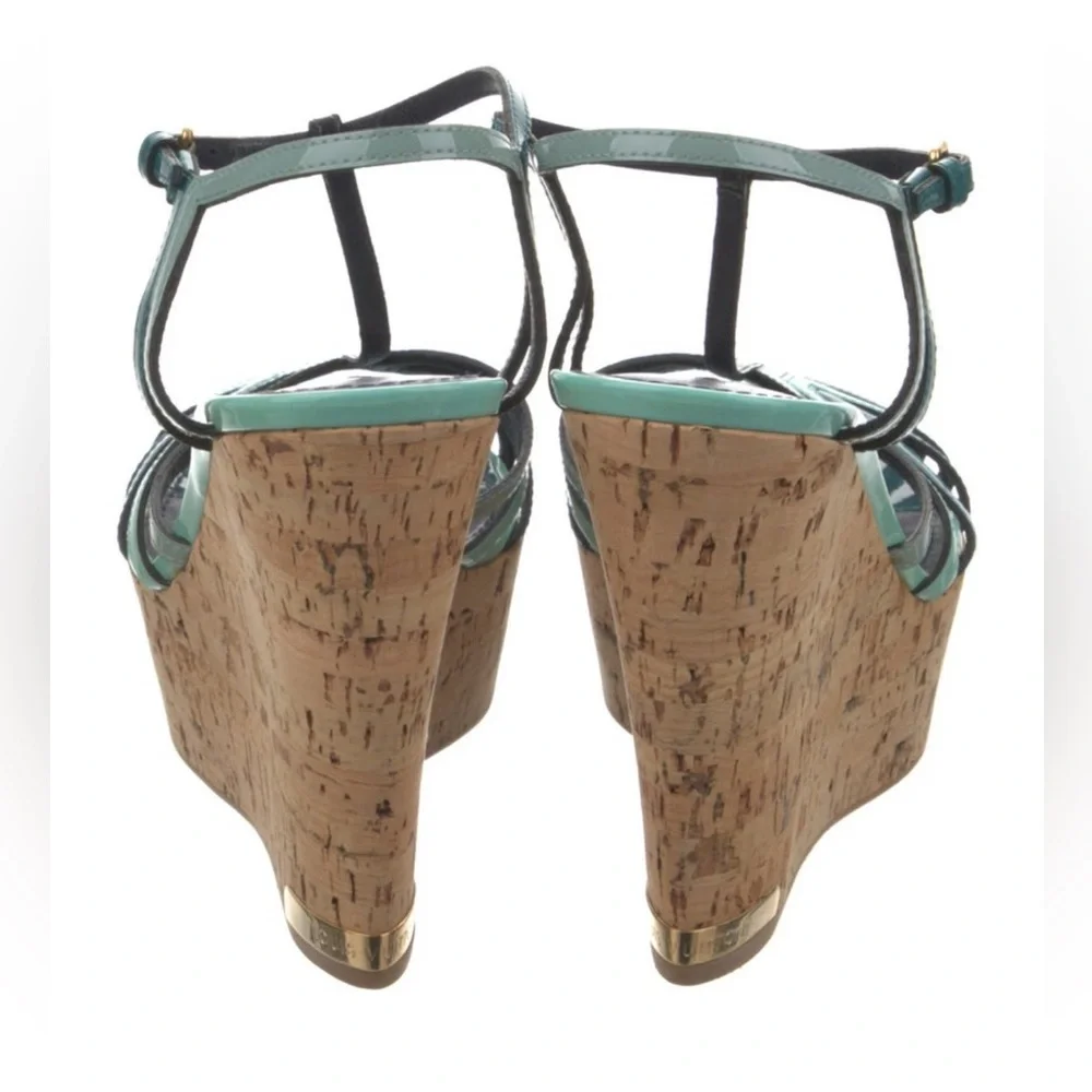 LOUIS VUITTON Summertime Blue Vernis Leather Wedge Sandals